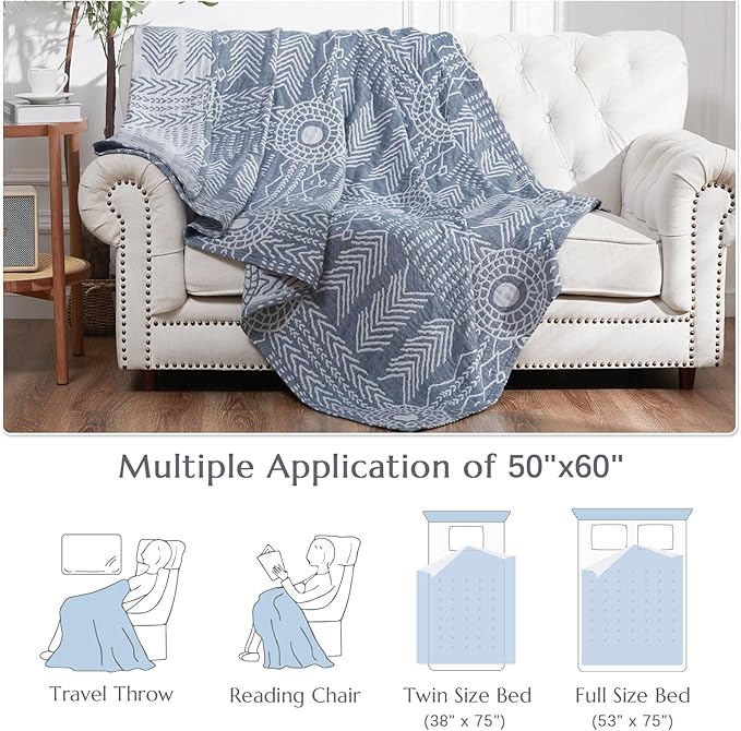 jinchan Boho 100% Cotton Muslin 50x60 Throw Blanket Lightweight 3-Layer Blue Blanket Washable Reversible Breathable Decorative Geometric Striped Patterned Soft Cozy for Sofa Bed All Season Gift-Ruum Studio Home