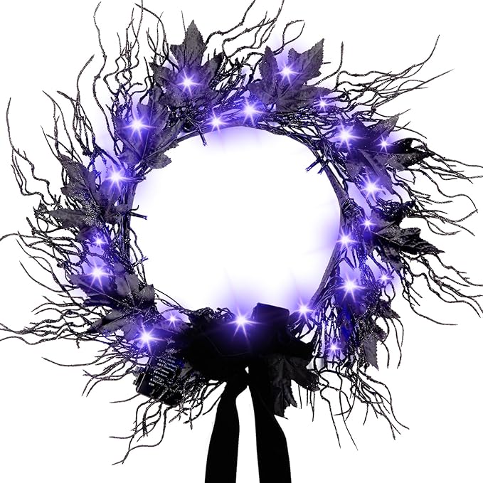 JORNOY 16inch LED Halloween Wreath with Battery Timer - Black Artificial Leaves&Silk Ribbon Decor Hanging for Front Door, Mantel, Porch, Wall, Party Decorations-Ruum Studio Home