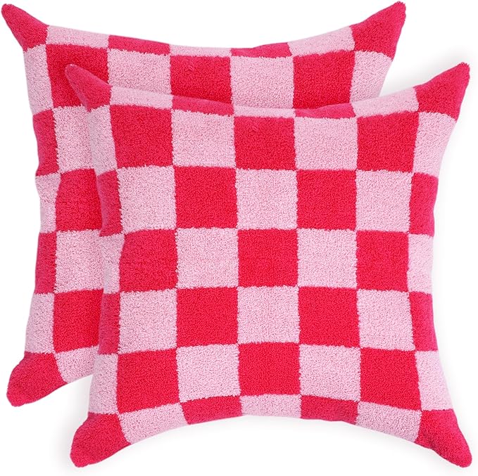 Alysheer Checkered Embroidered Decorative Throw Pillow Covers 18"x 18" Set of 2, Farmhouse Cottage Hot Pink Plaid Tufted Patterned Cotton Canvas Cushion Case for Sofa Couch Bed Living Room-Ruum Studio Home