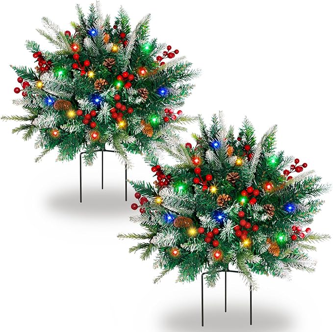 2 Pack Lighted Artificial Christmas Urn Filler, Battery Operated Pre-lit Xmas Pine Trees, Tripod Stake and 60 LED Lights, Holiday Porch Decorations for Porch, Yard, Garden, Flower Beds（Multicolor）-Ruum Studio Home