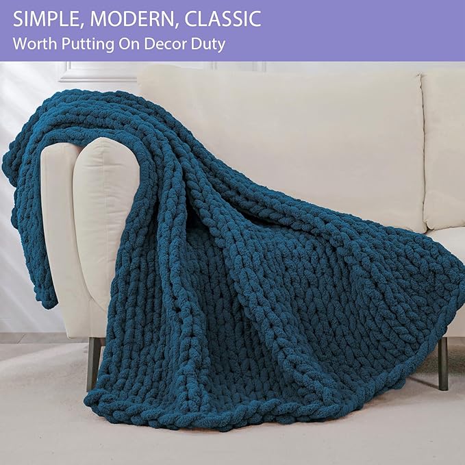 Bigacogo Chunky Knit Throw Blanket for Couch, 51x63 inches, 100% Hand Knitted with Thick Jumbo Chenille Yarn, Cozy Soft Large Rope Knot Cable Crochet Blankets for Sofa Bed Living Room, Deep Sea Blue-Ruum Studio Home
