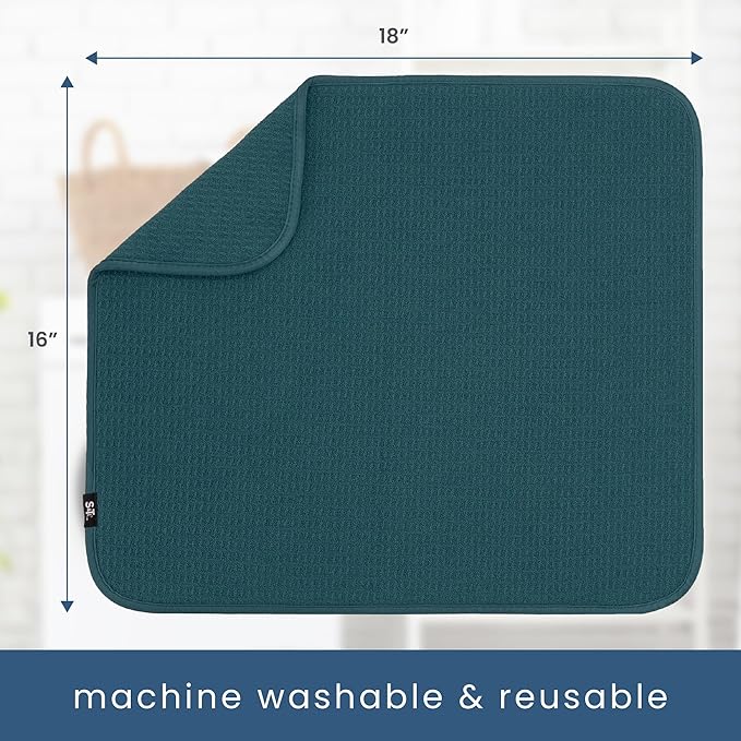 S&T INC. Dish Drying Mat, 16” x 18”, Absorbent Microfiber Kitchen Counter Mat, Dish Drying Pad for Dishes, Utensils, Pots and Pans, Large, Tapestry Blue-Ruum Studio Home
