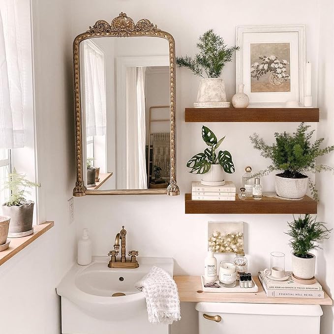 IAE Walnut Floating Wall Shelves 16 inch, Bathroom Shelves Wall Mounted,Invisible Shelf Floating Kitchen Shelves,Wooden Wall Shelving with Brackets for Living Room Wall Mounted,Easy Install,Set of 2-Ruum Studio Home