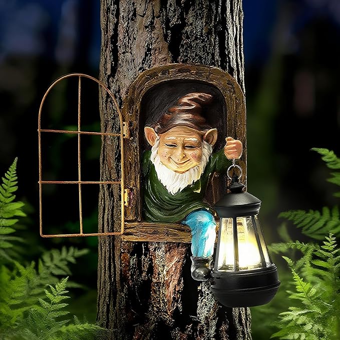 Garden Gnome Decor Outdoor Statue - Gnome With Solar Waterproof Lantern, Whimsical Elf Out The Door Tree Hugger Garden Statues, Home, Fence, Patio, Resin Ornament, Gardening Gift Tree Faces Gnomes-Ruum Studio Home