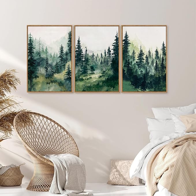 Tinonedraw Watercolor Forest Framed Canvas Wall Art Set, Modern Pine Tree Wall Painting, Nature Foggy Landscape Wall Decor, Misty Mountain Art Prints for Bedroom Living Room Farmhouse Office 16"x24"x3-Ruum Studio Home