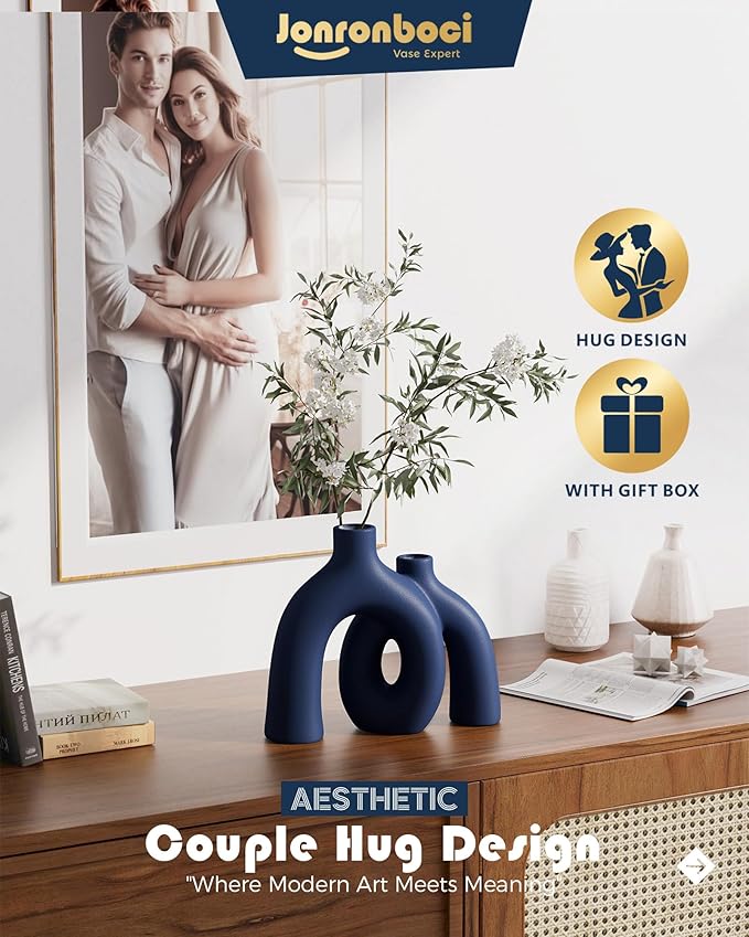 Matte Blue Vase Set - Hug Hollow Donut Aesthetic Ceramic Vases Home Decor, Navy Blue Decor Modern Coastal Decorative Vase for Table Centerpiece Bookshelf Office Entryway Console Fireplace (Navy Blue)-Ruum Studio Home