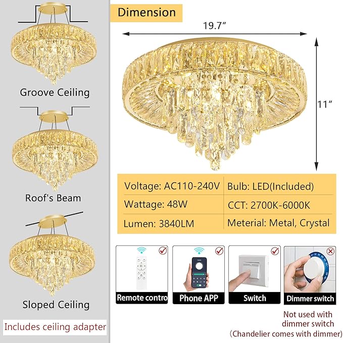 Modern Crystal Chandeliers for Dining Room LED Light Fixture Close to Ceiling Chandelier Flush Mount Ceiling Light Dimmable Lamp with Remote for Living Room Bedroom Hallway-Ruum Studio Home