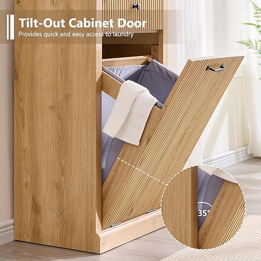 Modern Tilt-Out Trash Can Cabinet, 10 Gallon Fluted Laundry Hamper Cabinet with Drawers, Wooden Hidden Garbage Can Cabinet w/Storage Basket, Free Standing for Kitchen & Living Room,Natural Oak-Ruum Studio Home