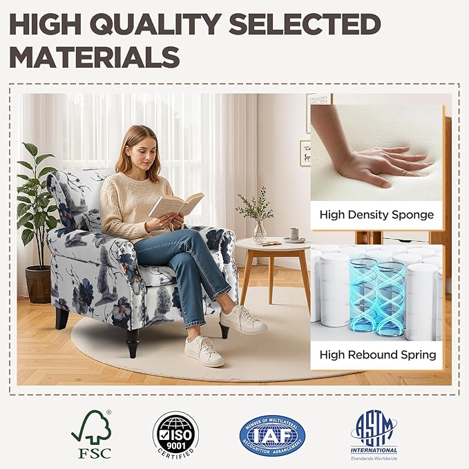 Wingback Accent Chair with Removable Pillow, High Back Floral Armchair with Solid Wood Legs & Nailhead Trim, Comfy Upholstered Reading Single Sofa Chair for Bedroom (1, Ink Blue Pattern)-Ruum Studio Home