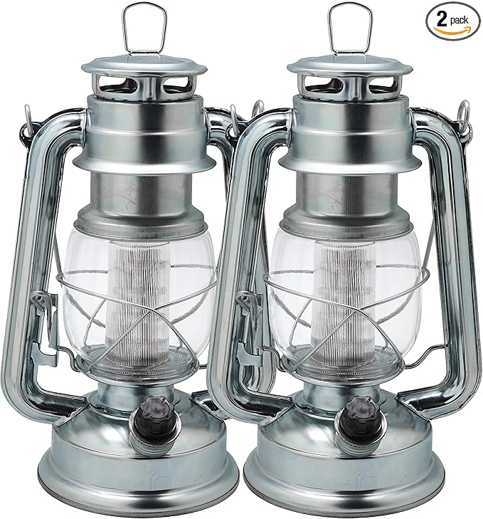 YAKii LED Vintage Lantern Metal Hanging Hurricane 12 LED Dimmer Switch Cold White Battery Operated Power Outage Indoor Camping Lighting Outdoor Brooklyn (Silver 2 Pack)-Ruum Studio Home