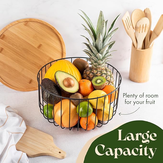 Fruit Basket for Kitchen Counter Set of 3 - Large Stackable Baskets with Bamboo Lid - Perfect Holder For Fruit and Vegetable Storage - Keep Your Countertop Classy, Tidy and Slightly Fruity!-Ruum Studio Home