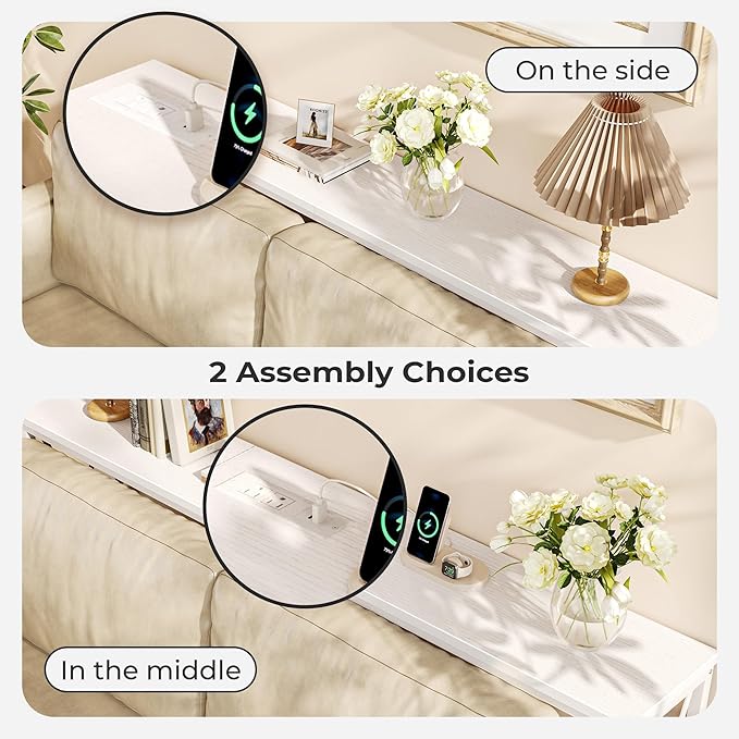 SUPERJARE 70 Inch Console Table with Outlets and USB-C Port, Extra Long Behind Couch Sofa Table with X-Shaped Design, Narrow for Entryway, Living Room, Metal Frame, Wooden Top, White-Ruum Studio Home