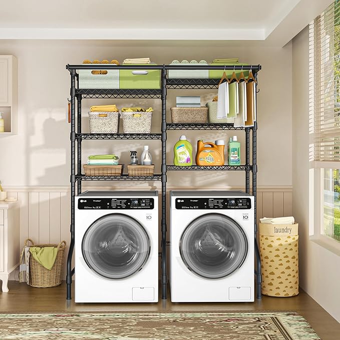 Ulif U13 Over Washer and Dryer Storage Shelves, 6 Tiers Laundry Room Standing Shelf with 2 Hanger Rods, Space Saver Clothes Drying Rack, 63.4" W x 22" D x 77.4" H, Black-Ruum Studio Home