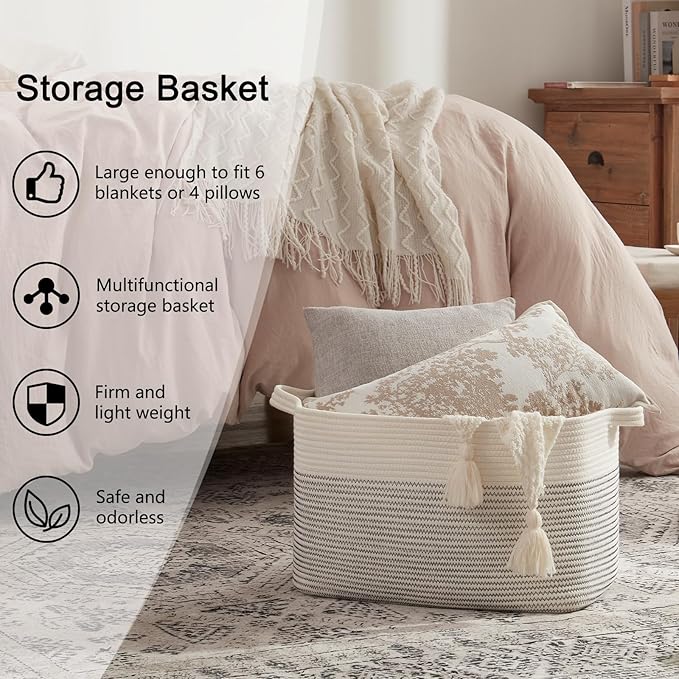 OIAHOMY 65L Blanket Basket, Cotton Rope Woven Blanket storage for Living Room, Rectangle Woven Baskets for Storage, 20''×16''×12'', Black and White-Ruum Studio Home