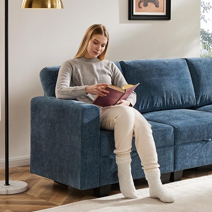 38.5 Oversized Accent Chair with Storage Blue Chenille, Single Modern Accent Sofa Chair with Arms for Apartment Living Room (21" Deep Seat)-Ruum Studio Home
