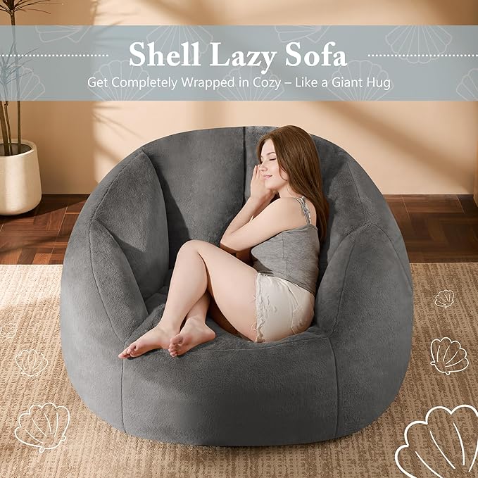 Giant Bean Bag Swivel Chair for Adults - Comfy Plush Round Shell Soft Accent Chaise Lounge Indoor Reading Chair, Oversized Cozy Floor Sofa for Living Room, Bedroom & Game Rooms, Dorm, Gray-Ruum Studio Home