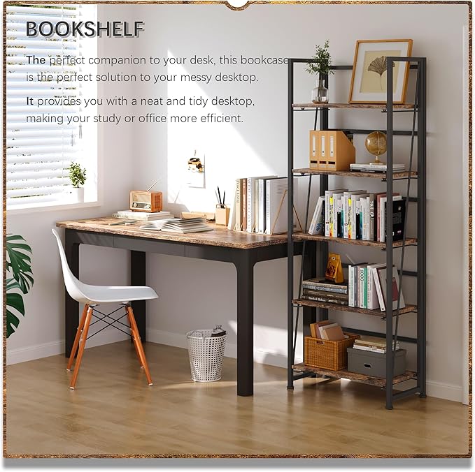 4NM No Assembly Foldable Bookshelf, 5-Shelf Collapsible Bookcase Storage for Small Spaces, 62.2" H, Rustic Brown and Black-Ruum Studio Home