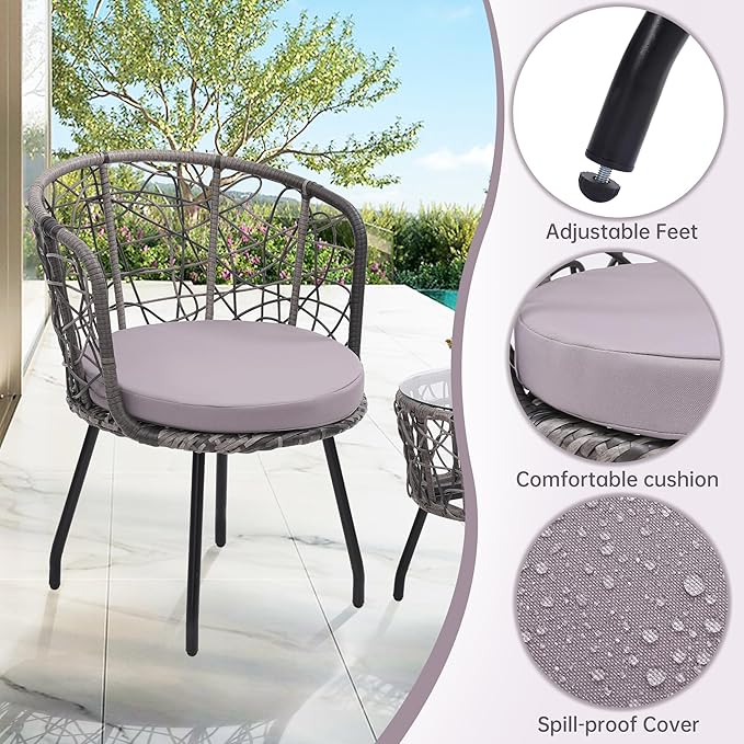 Kromax 3 Piece Bistro Set, Modern Outdoor Wicker Patio Furniture with Tempered Glass Table Top and 2 Chairs, Washable Cushions, Grey Rattan and Grey Cushion-Ruum Studio Home