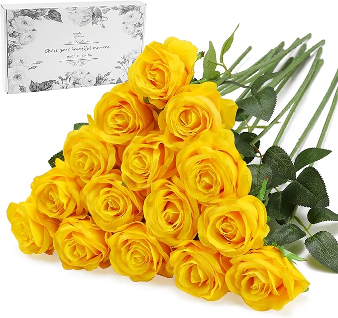 Yellow Fake Roses Artificial Flowers - 16 Pcs Fake Artificial Roses Silk Flowers with Stems for Home Wedding Hotel Office Centerpiece Decor-Ruum Studio Home