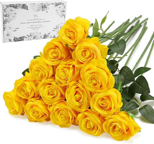 Yellow Fake Roses Artificial Flowers - 16 Pcs Fake Artificial Roses Silk Flowers with Stems for Home Wedding Hotel Office Centerpiece Decor-Ruum Studio Home