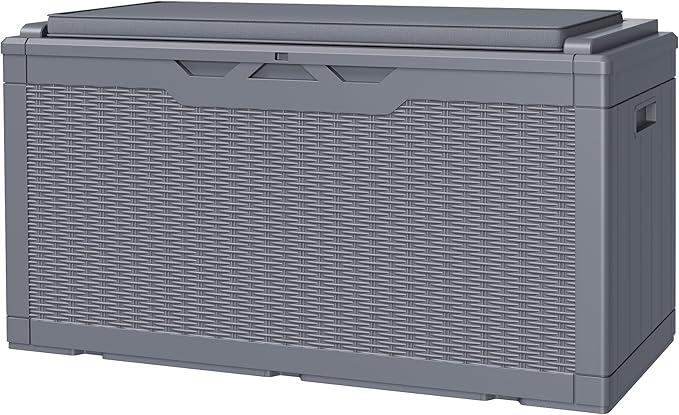 JUMMICO 100 Gallon Resin Deck Box with Cushion, Waterproof Outdoor Storage Box with Lockable Lid for Garden Tools, Patio Cushions (Gray)-Ruum Studio Home