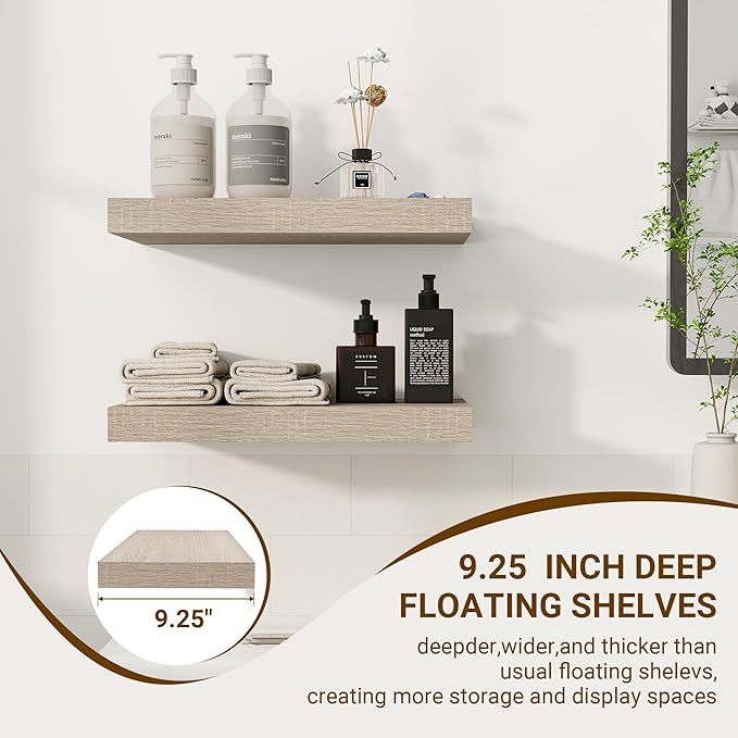 16 Inch Floating Shelves, 3D Textured Wood Grain, 16"x9.25"x1.5" Inch Deep Floating Shelves for Wall, Wooden Shelves for Bathroom, Bedroom, Living Room, Vintage White Oak-Ruum Studio Home