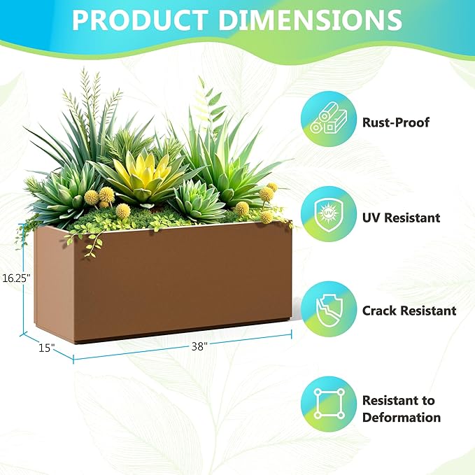 FENCY Large Metal Planter, Large Rectangular Planters for Outdoor Plants, Tall Outdoor Planters for Porch Patio, 38" L x 15" W x 16.3" H Brown Metal Planter with Drainage Hole-Ruum Studio Home