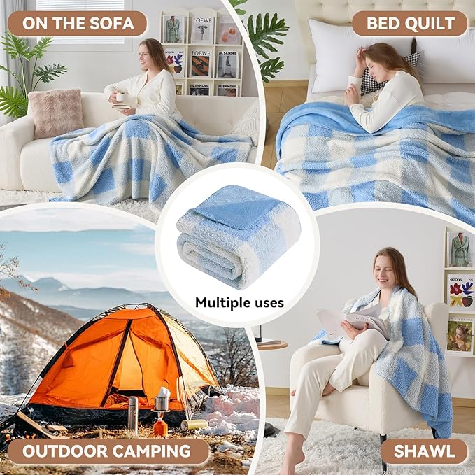 LURKA Checkered Sherpa Fleece Throw Blanket - Extra Thick and Warm Winter Soft Fuzzy Plush Blanket for Couches, Beds & Pets, Glacier, 50x60 Inches-Ruum Studio Home