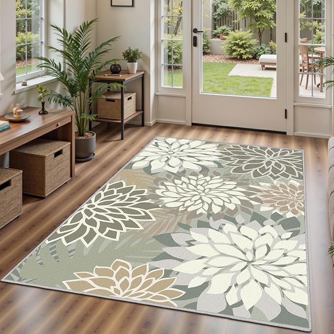 Area Rug 3x5 Brown White Washable Entry Rug Multicolored Tropical Botanical Modern Floral Indoor Kitchen Door Mat Entrance Carpet Non Slip for Bedroom Living Room, Porch-Ruum Studio Home