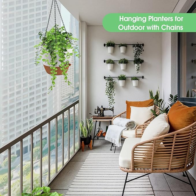 Hanging Planters for Indoor Outdoor Plants, 2 Pack Self Watering Hanging Pot with Drainage Holes, Removable Tray & 2 Kinds of Plant Hangers, 10'' Hanging Flower Pots for Home Garden Decor, White-Ruum Studio Home