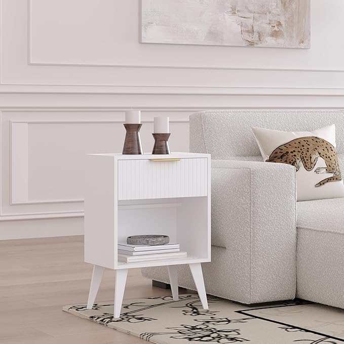 Fluted Night Stand with Opening Storage,Mid Century Bedside Table with Drawer,Modern Nightstand with Solid Wood Legs,End Table Side Table for Living Room,Bedroom,White CTG56W-Ruum Studio Home