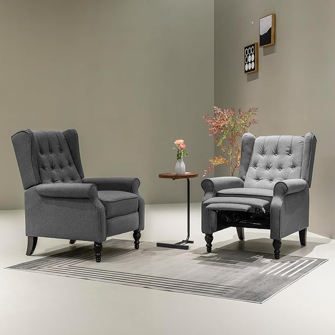 Mid Century Wingback Recliner Chair for Adults, Modern Linen Fabric Push Back Recliner Chairs with Button Tufted Upholstered Back & Footrest, Manual Recliner Chais for Living Room, Nursery, Gray-Ruum Studio Home