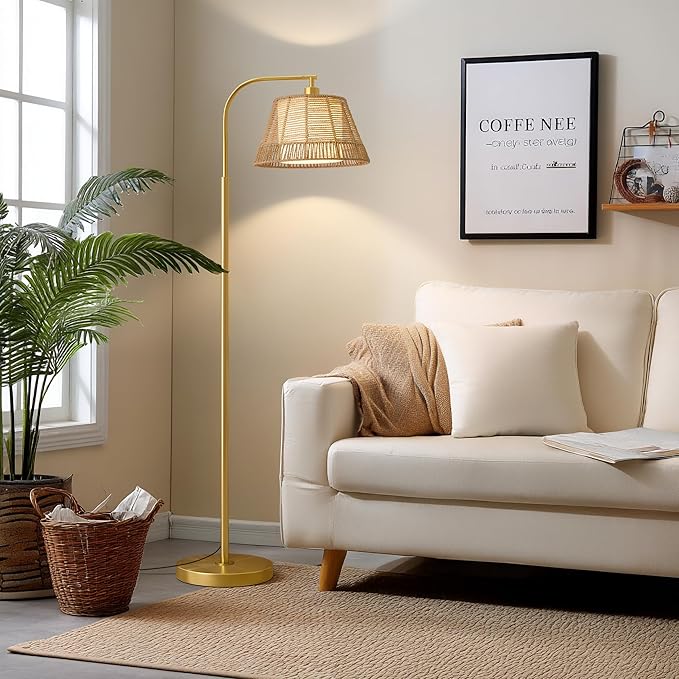 Oneach Arc Floor Lamp for Living Room,Rattan Boho Floor Lamp with Hand-Woven Wicker & Fabric Shade, Foot Switch,Gold Metal Base & Pole,Farmhouse Standing Lamp for Bedroom Corner,Office,Reading-Ruum Studio Home