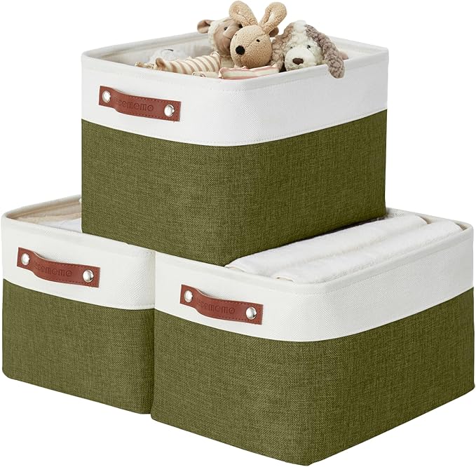 DECOMOMO Storage Bins Fabric Storage Baskets for Shelves, Linen Closet Organization Toys Nursery (Olive Green and White, Large - 3 Pack)-Ruum Studio Home