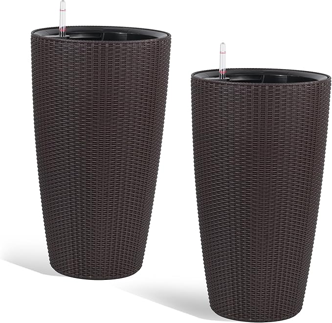 2Pack 22" High Modern Plant Pots Planter-Self-Watering Indoor/Outdoor Planting with Drain Holes, Water Level Monitor, Inner Bucket for Front Porch Patio, Brown Rattan Conical-Ruum Studio Home