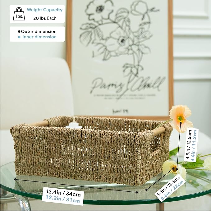 Natural Seagrass Storage Basket with Handle, Rectangular Woven Organizer Bin for Living Room or Shelf, Decorative Storage Basket, Medium Size 13.4 x 9.3 x 4.9 Inches-Ruum Studio Home