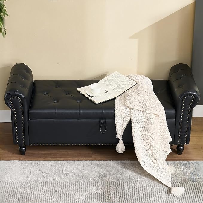 Furniliving 55” End of Bed Bench, Bedroom Bench with Button-Tufted, Large Upholstered Storage Ottoman Benches Entryway Bench with Storage Shoe Cabinet Bench, for Bedroom, Living Room, PU, Black-Ruum Studio Home