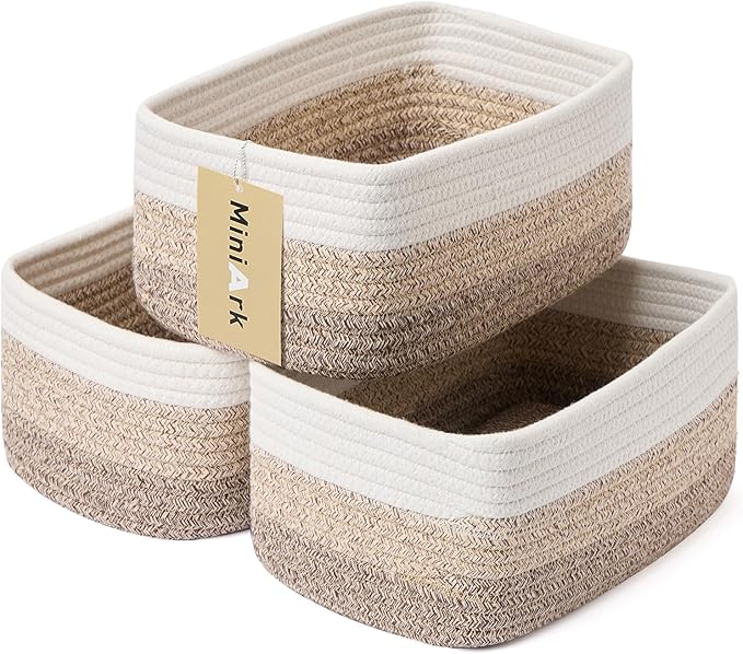 Small Storage Baskets for Organizing | Closet Organizer Bins | Shelf Toy Basket | Woven Rope Baskets | Cube Decorative Box | Shallow Basket |11.5x7.5x4.7”| 3 Packs Gradient Brown-Ruum Studio Home