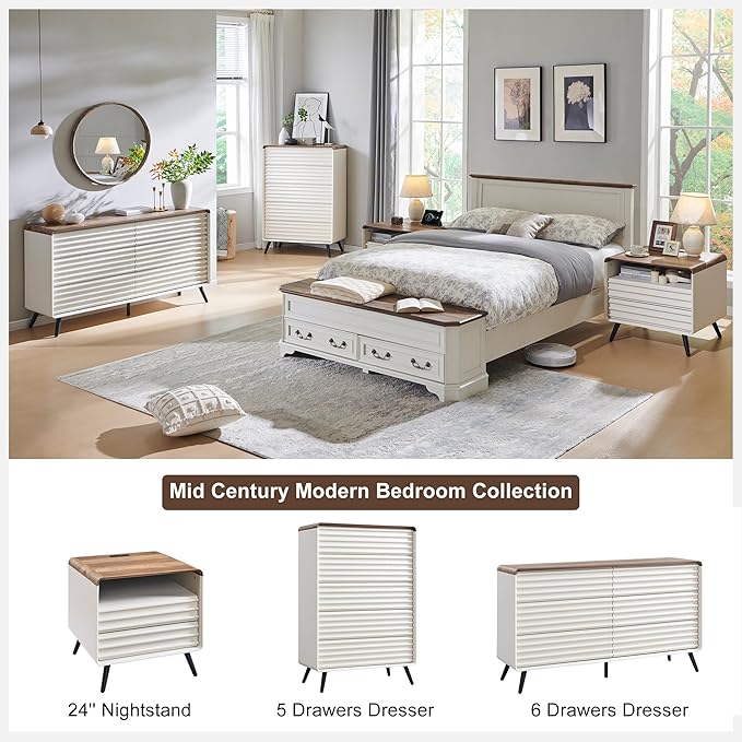 RedLemon 24" Nightstand Set of 2 with Charger Station, Mid Century Modern Fluted End Table with 2 Drawers，Wooden Side Table with Open Cubby Storage for Living Room, Bedroom, Office (Antuique White)-Ruum Studio Home