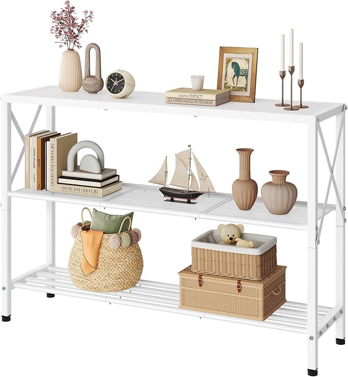 Hoctieon White Industrial Console Table, 3 Tier Entryway Tables, Hallway Desk, Narrow Sofa Tables with Shelves, Entrance Table for Entryway, Living Room, Foyer, Hallway, Office, White-Ruum Studio Home
