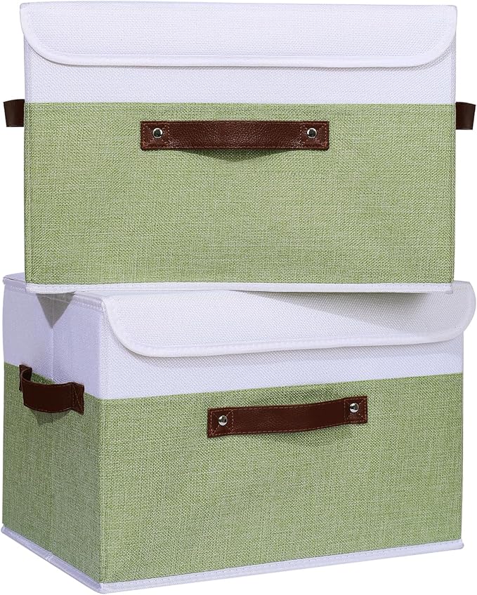 ANMINY 4PCS Storage Boxes with Lid Washable Decorative Storage Bins Basket with PU Leather Handle Foldable Linen Fabric Storage Cubes Containers for Home Closet Organizer - Green White, Large Size-Ruum Studio Home