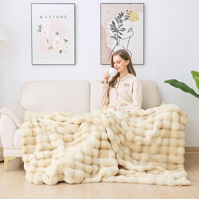 Tie-dye Camel Faux Fur Rabbit Thick Throw Blanket for Couch Living Room 50x60 Fluffy Bed Furry Comforter Soft Blanket Best Housewarming Home Gifts 860 GSM-Ruum Studio Home