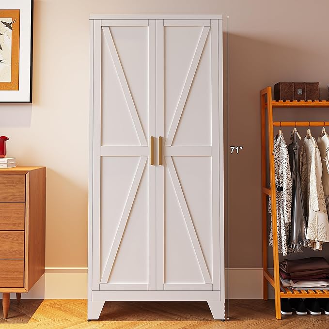 71'' Farmhouse Metal Storage Cabinet with Barn Doors,Steel File Cabinet for Home Office,Kitchen Pantry 4 Adjustable Shelves,Freestanding Cupboard for Kitchen,for Home Office,School (White)-Ruum Studio Home