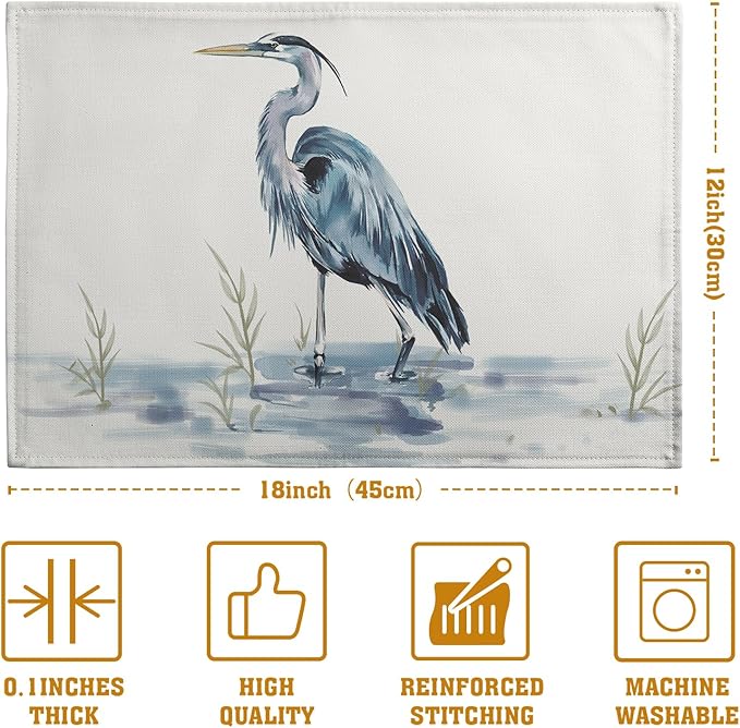 Coastal Placemats Set of 4 Summer Ocean Heron Place Mats 12x18 Inch Nautical Beach Sea Bird Pelican Table Mat Heat Resistant Non Slip Washable Linen Fabric Kitchen Dining Placemat-Ruum Studio Home