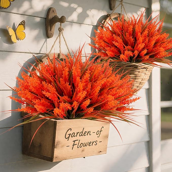 Geegoods 24 Bundles Artificial Fall Flowers Outdoor – Faux Lavender Flowers with Monkey Grass UV Resistant Plastic Faux Plants for Garden Porch Patio Home Decor, Autumn-red Color-Ruum Studio Home