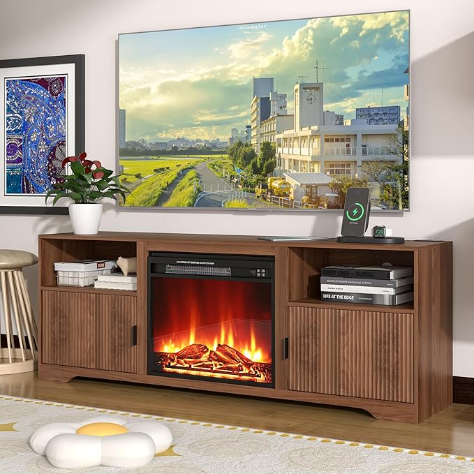 Fireplace TV Stand for Television up to 80 Inch,Entertainment Center with Adjustable Shelf,Mid-Century Modern Fluted TV Stand with 23" Electric Fireplace,Media Console for Living Room,Bedroom-Ruum Studio Home