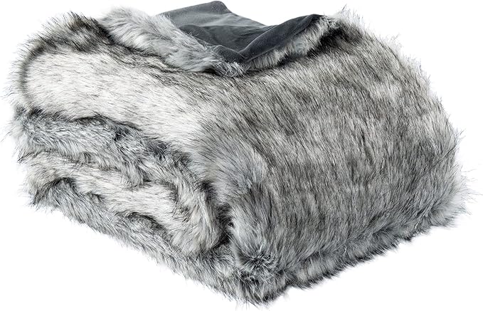 BATTILO HOME Wolf Faux Fur Blanket, Extra Large Fox Fur Throw Blankets for Couch, Bed, Super Soft, Fluffy, Eelegant, Grey with Black Tips Blanket Reversible to Plush Velvet, (Grey, 60"x80")-Ruum Studio Home