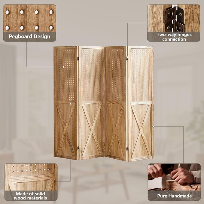 4 Panel Pegboard Wood Room Divider, 5.6Ft Pegboard Display Folding Privacy Screens, Peg Board Display Freestanding for Trade Show Craft Show Home Wall Organizer, Light Brown-Ruum Studio Home