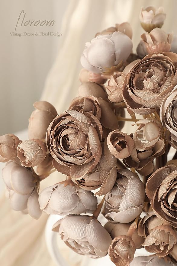 Floroom Ranunculus Artificial Flowers 18 Pcs Taupe Brown Faux Silk Mini Ranunculus Bulk Fake Wedding Filler Flowers for DIY Bouquets, Centerpieces, Bridal Shower Decorations & Arrangements-Ruum Studio Home