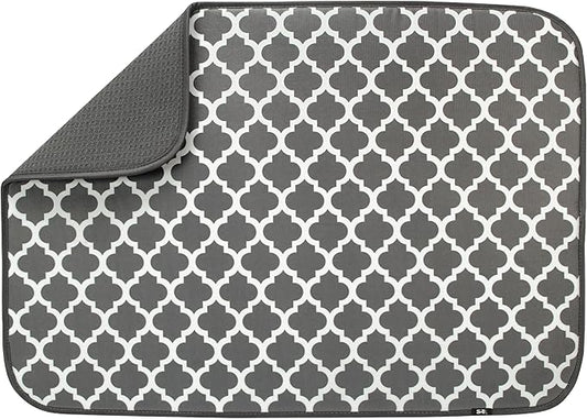 S&T INC. Dish Drying Mat XL, 18” x 24”, Absorbent Microfiber Kitchen Counter Mat, Dish Drying Pad for Dishes, Utensils, Pots and Pans, Extra Large, Pewter Grey Trellis-Ruum Studio Home